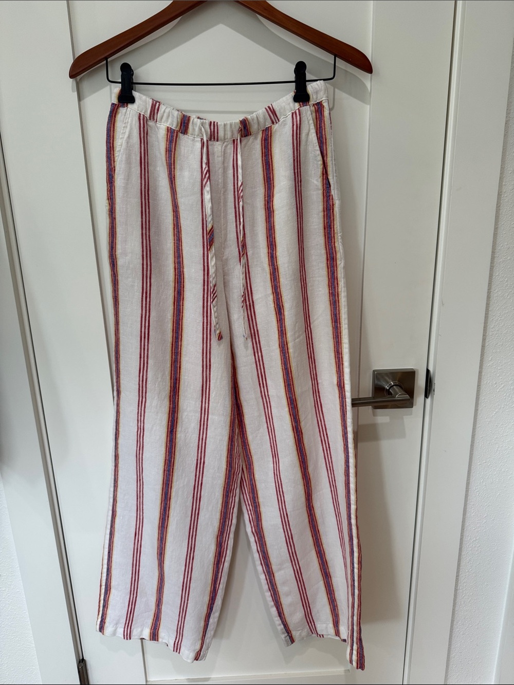 Rails Emmie White Linen-Blend Stripe Pants with Red & Blue Accents